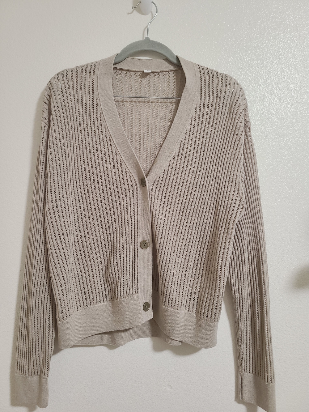 Uniqlo Light Beige Open-Knit V-Neck Button Cardigan